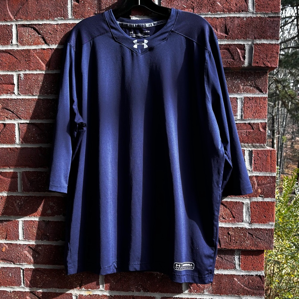 Under Armour Midnight Blue Baseball Shirt White UA Logo 3/4 Sleeve Size Large